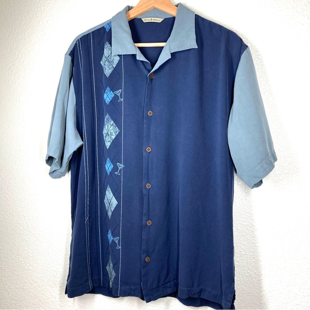 Tommy Bahama Silk Shirt Medium Martini Glass Argyle Silk Button Down Blue - Picture 4 of 13